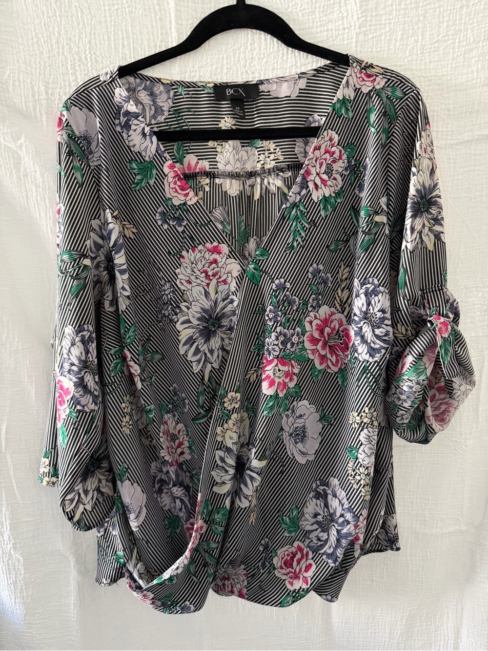 BCX Black Striped Floral Surplice Blouse with Pink & Green Accents